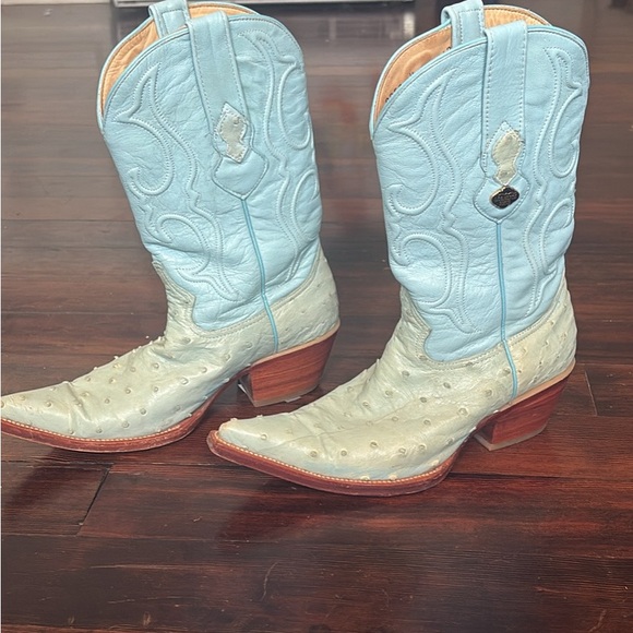 Stylish Blue and Cream Women's Cowboy Boots - Picture 3 of 7